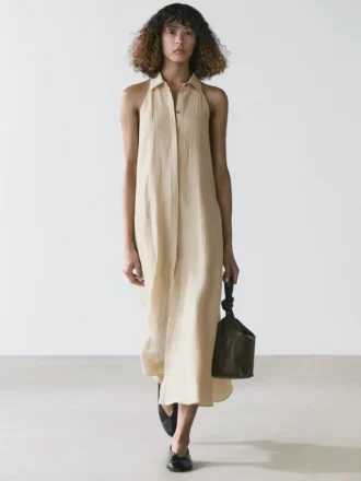 Abito midi con colletto Polo in misto lino