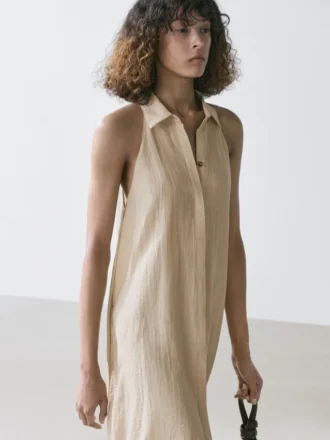 Abito midi con colletto Polo in misto lino