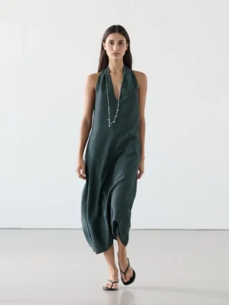 Abito midi in misto lino con scollo a V