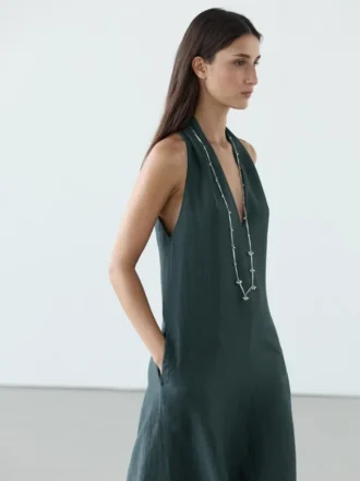 Abito midi in misto lino con scollo a V