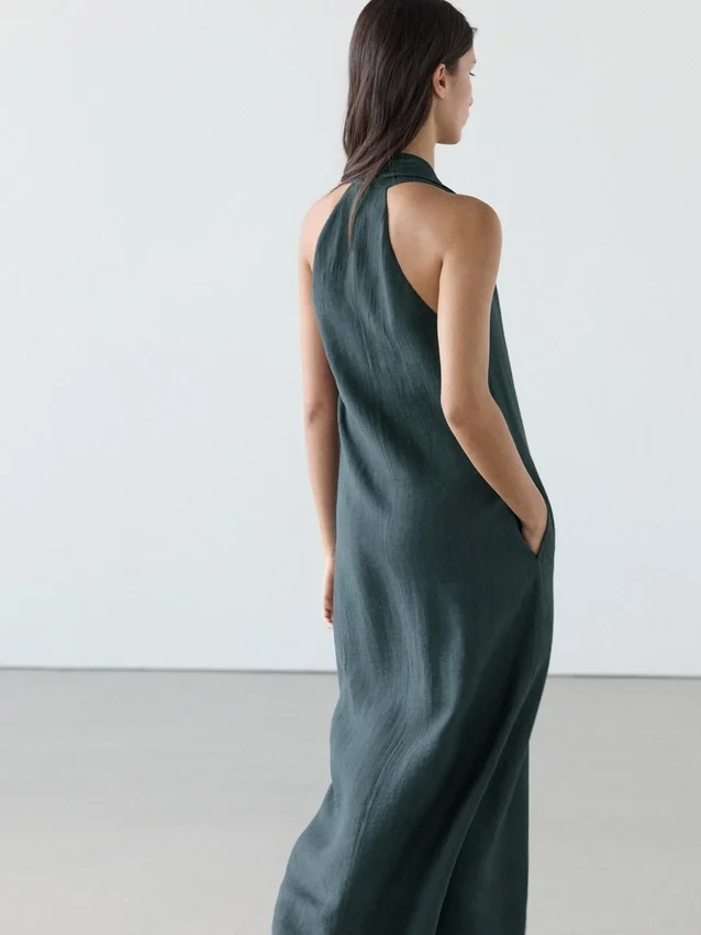 Abito midi in misto lino con scollo a V Abito midi in misto lino con scollo a V