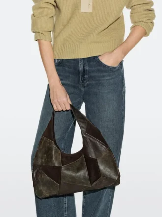 Borsa in pelle scamosciata patchwork di medie dimensioni