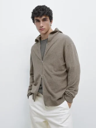 Cardigan in maglia mista lana con cappuccio