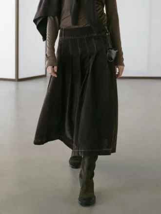 Gonna midi in denim floccato con pieghe a cannuccia