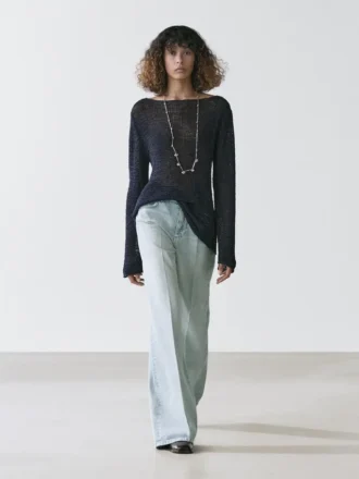 Maglione in maglia mista cotone con scollo a barchetta