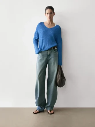 Maglione in maglia mista cotone con scollo a V