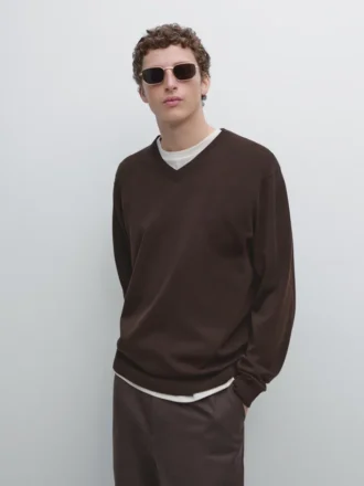 Maglione in maglia mista cotone con scollo a V