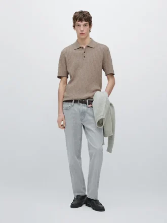 Maglione polo a trecce in misto cotone